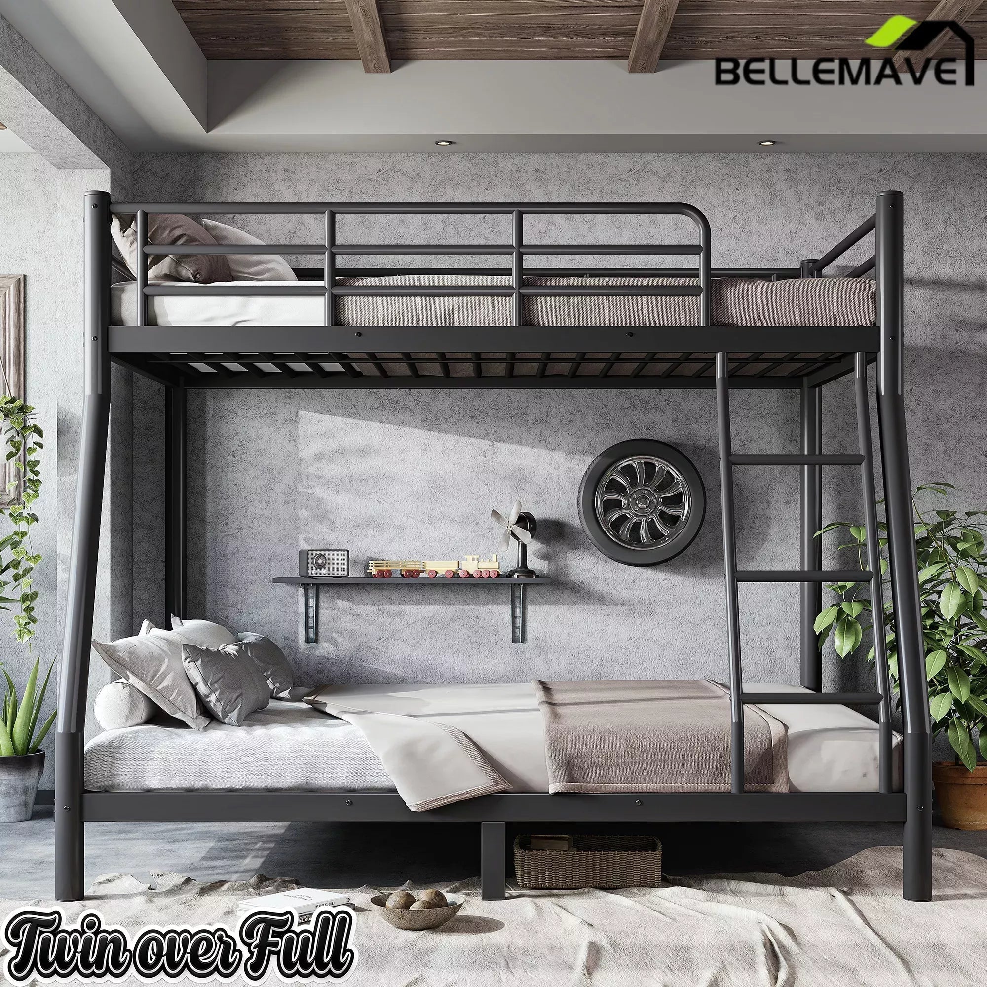 Bellemave® Twin over Full Bunk Bed, Space Saving Metal Frame with Noise-Reduced Design for Teens & Adults - Bellemave