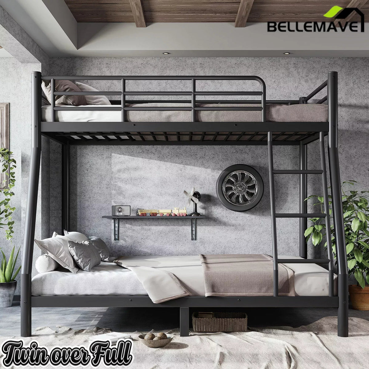 Bellemave® Twin over Full Bunk Bed, Space Saving Metal Frame with Noise-Reduced Design for Teens & Adults - Bellemave