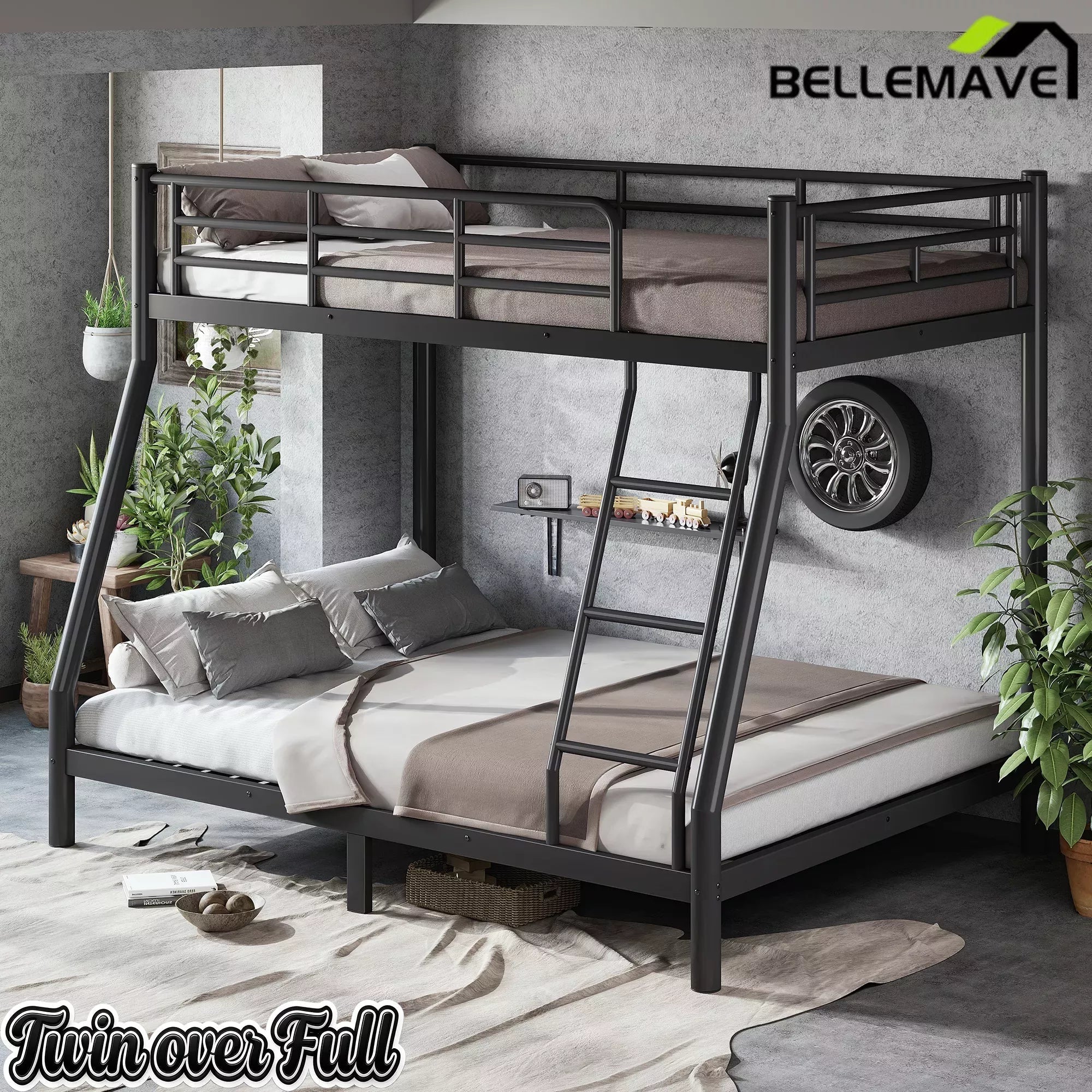 Bellemave® Twin over Full Bunk Bed, Space Saving Metal Frame with Noise-Reduced Design for Teens & Adults - Bellemave