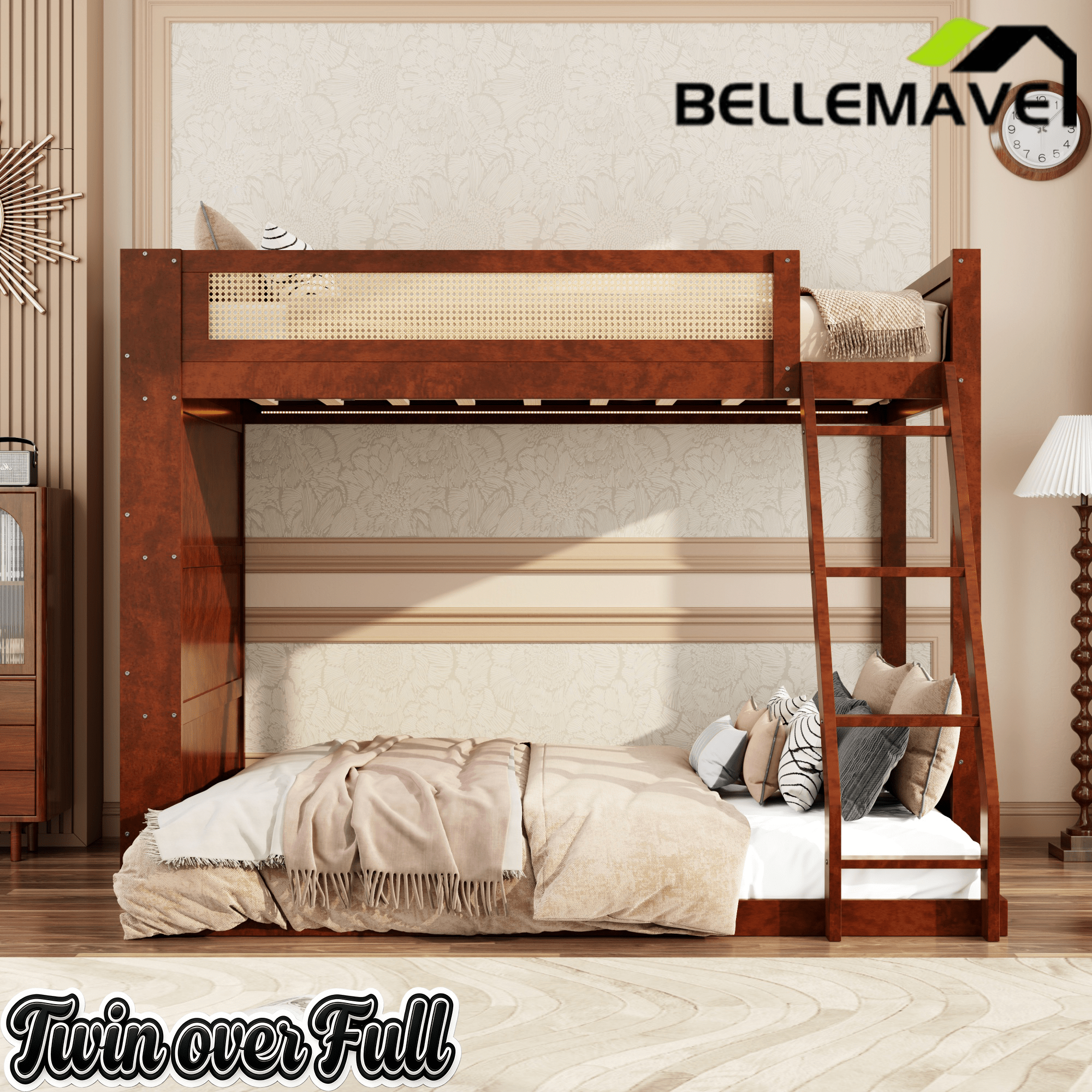 Bellemave® Twin Over Full Bunk Bed with 4 - Tier Storage Shelves & LED, Wood Bunk Bed with Rattan Guardrail & Ladder for Kids, Teens & Adults - Bellemave