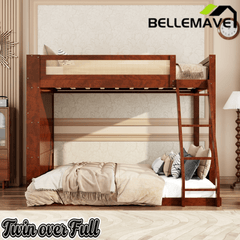 Bellemave® Twin Over Full Bunk Bed with 4 - Tier Storage Shelves & LED, Wood Bunk Bed with Rattan Guardrail & Ladder for Kids, Teens & Adults - Bellemave