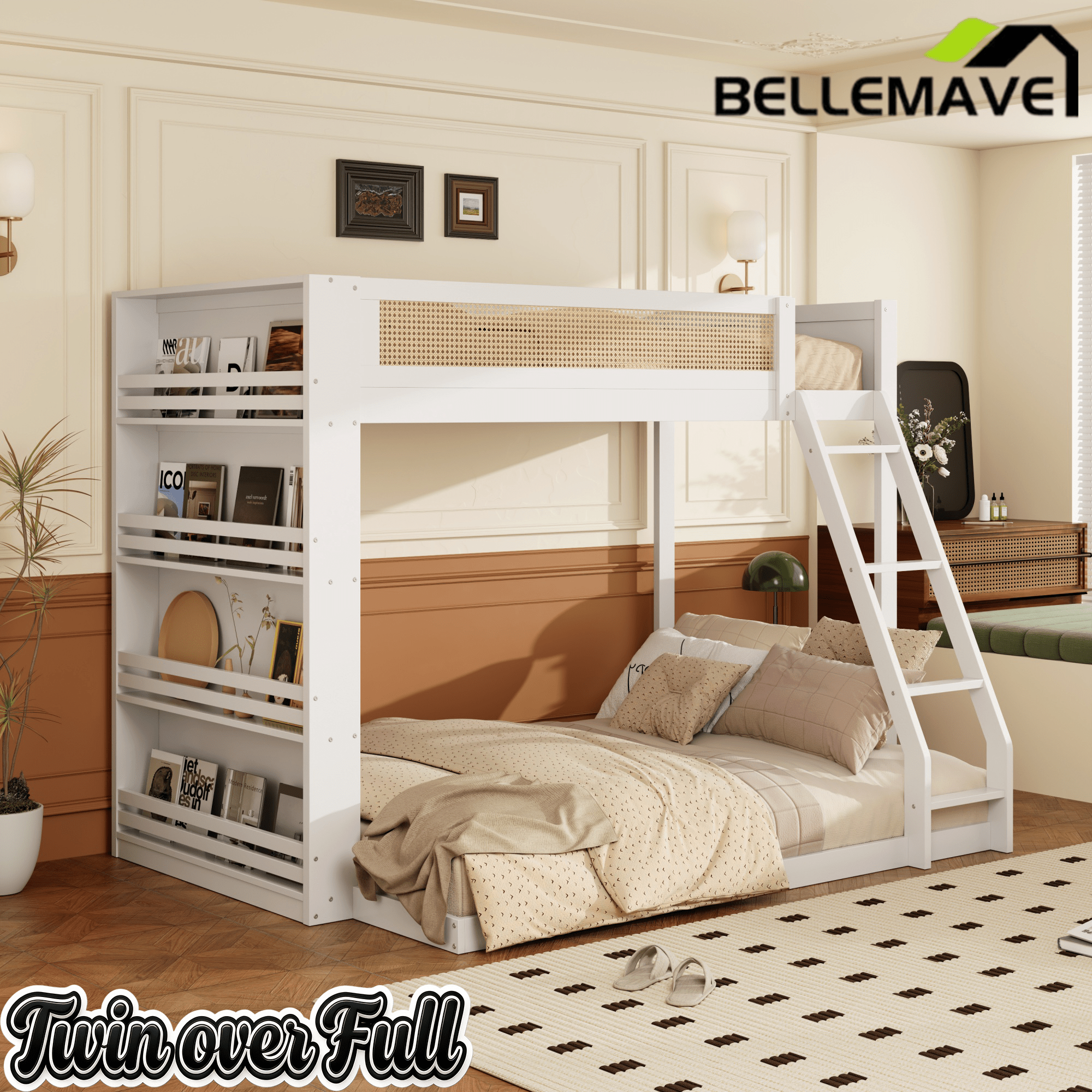 Bellemave® Twin Over Full Bunk Bed with 4 - Tier Storage Shelves & LED, Wood Bunk Bed with Rattan Guardrail & Ladder for Kids, Teens & Adults - Bellemave
