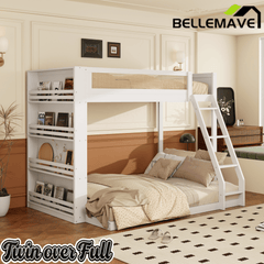 Bellemave® Twin Over Full Bunk Bed with 4 - Tier Storage Shelves & LED, Wood Bunk Bed with Rattan Guardrail & Ladder for Kids, Teens & Adults - Bellemave