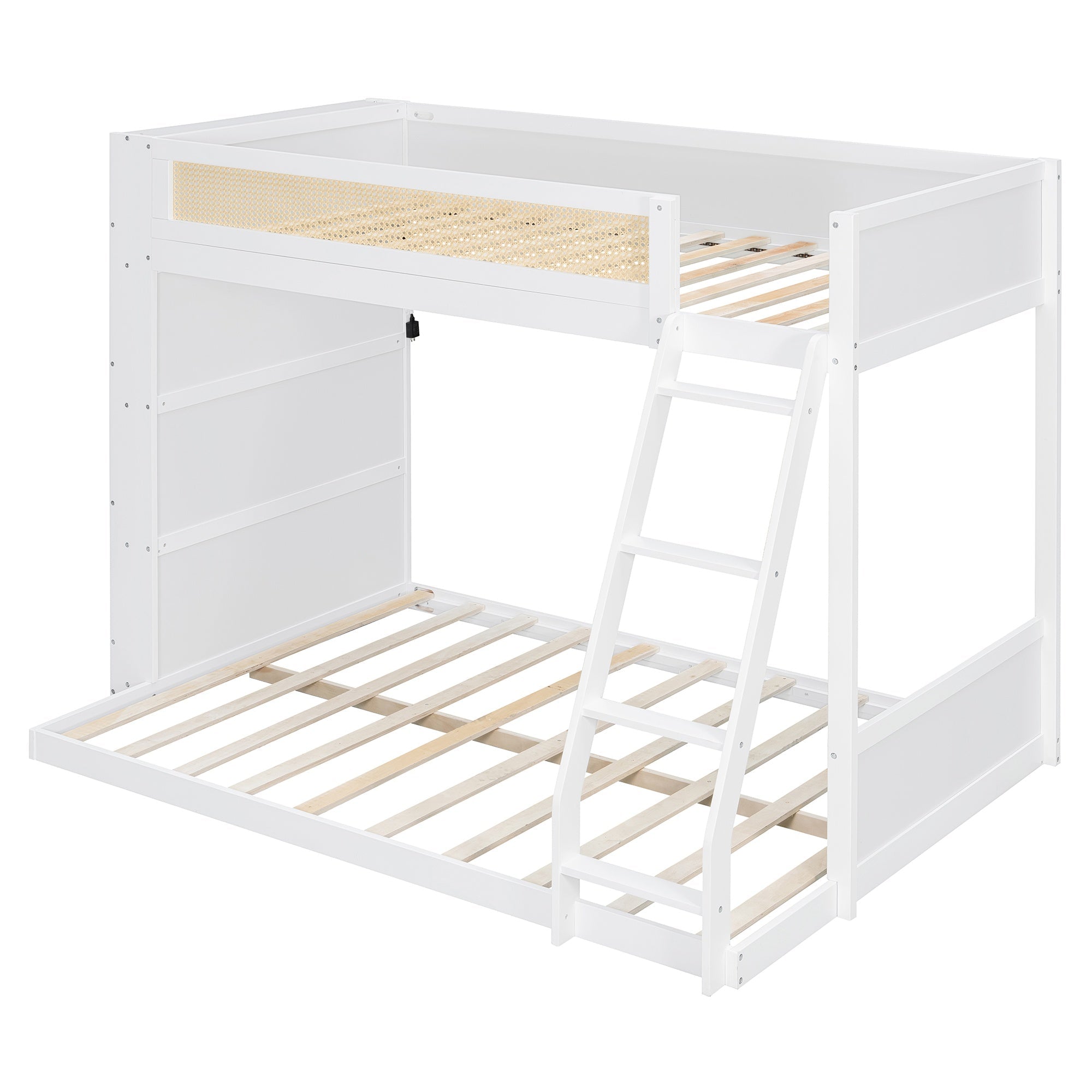 Bellemave® Twin Over Full Bunk Bed with 4 - Tier Storage Shelves & LED, Wood Bunk Bed with Rattan Guardrail & Ladder for Kids, Teens & Adults - Bellemave