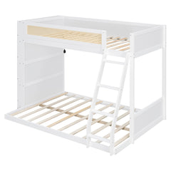 Bellemave® Twin Over Full Bunk Bed with 4 - Tier Storage Shelves & LED, Wood Bunk Bed with Rattan Guardrail & Ladder for Kids, Teens & Adults - Bellemave