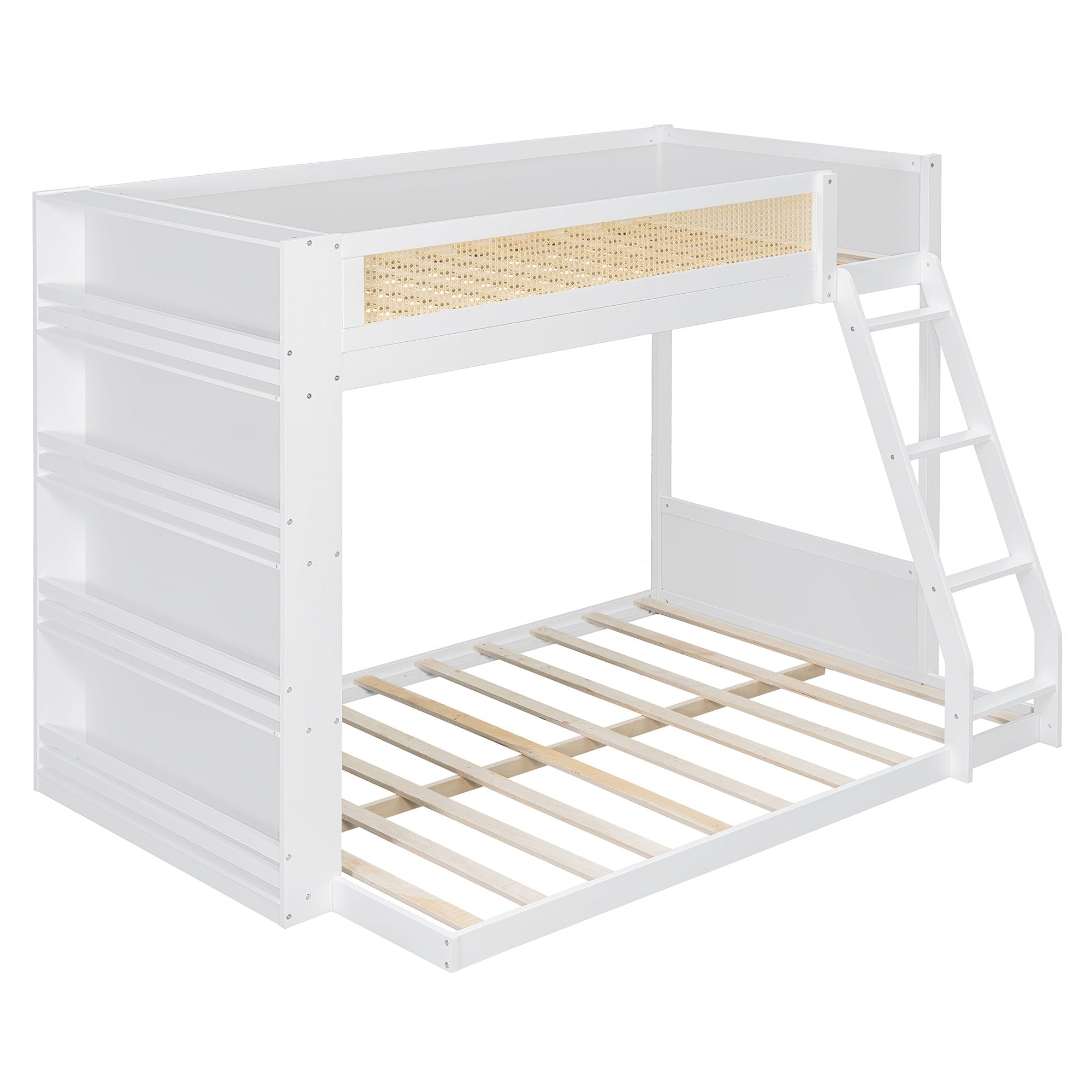 Bellemave® Twin Over Full Bunk Bed with 4 - Tier Storage Shelves & LED, Wood Bunk Bed with Rattan Guardrail & Ladder for Kids, Teens & Adults - Bellemave
