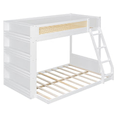 Bellemave® Twin Over Full Bunk Bed with 4 - Tier Storage Shelves & LED, Wood Bunk Bed with Rattan Guardrail & Ladder for Kids, Teens & Adults - Bellemave