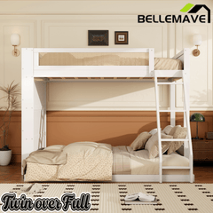 Bellemave® Twin Over Full Bunk Bed with 4 - Tier Storage Shelves & LED, Wood Bunk Bed with Rattan Guardrail & Ladder for Kids, Teens & Adults - Bellemave