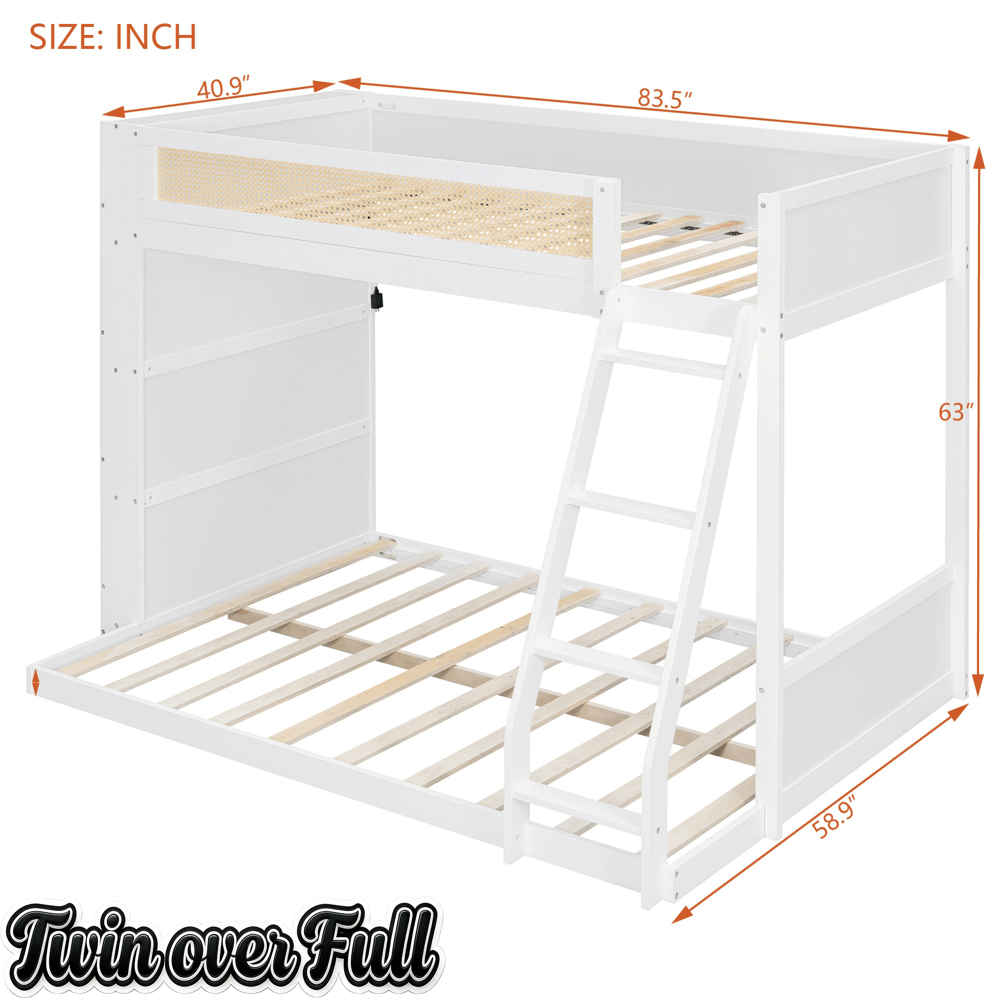 Bellemave® Twin Over Full Bunk Bed with 4 - Tier Storage Shelves & LED, Wood Bunk Bed with Rattan Guardrail & Ladder for Kids, Teens & Adults - Bellemave