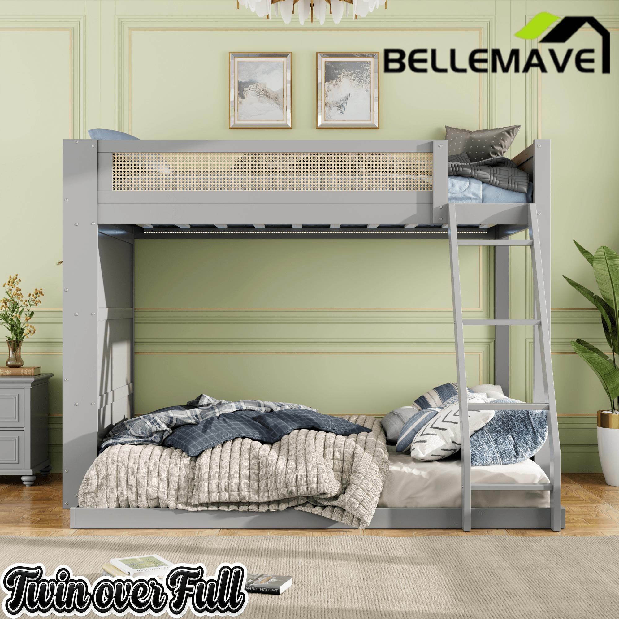 Bellemave® Twin Over Full Bunk Bed with 4 - Tier Storage Shelves & LED, Wood Bunk Bed with Rattan Guardrail & Ladder for Kids, Teens & Adults - Bellemave