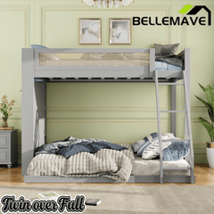 Bellemave® Twin Over Full Bunk Bed with 4 - Tier Storage Shelves & LED, Wood Bunk Bed with Rattan Guardrail & Ladder for Kids, Teens & Adults - Bellemave