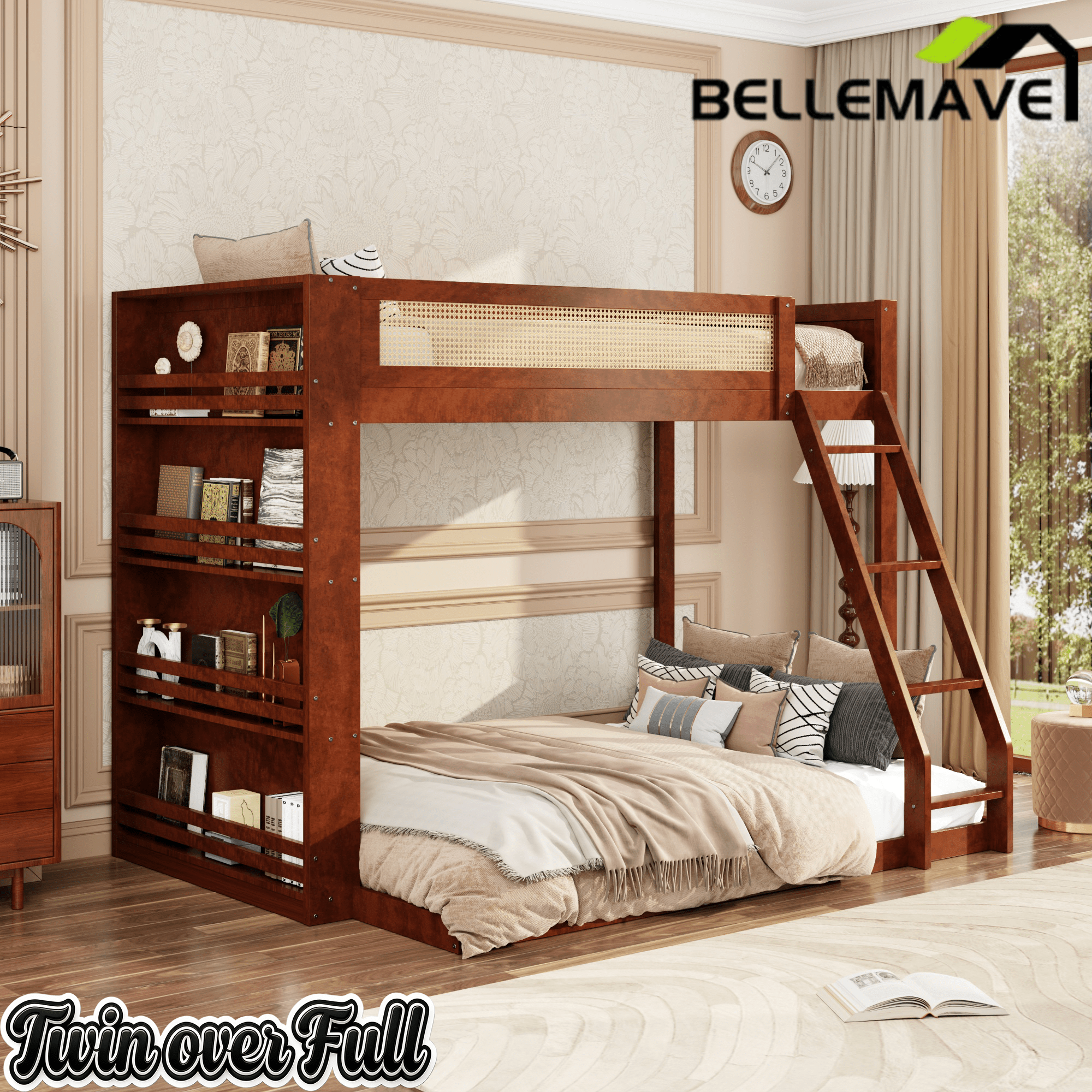 Bellemave® Twin Over Full Bunk Bed with 4 - Tier Storage Shelves & LED, Wood Bunk Bed with Rattan Guardrail & Ladder for Kids, Teens & Adults - Bellemave