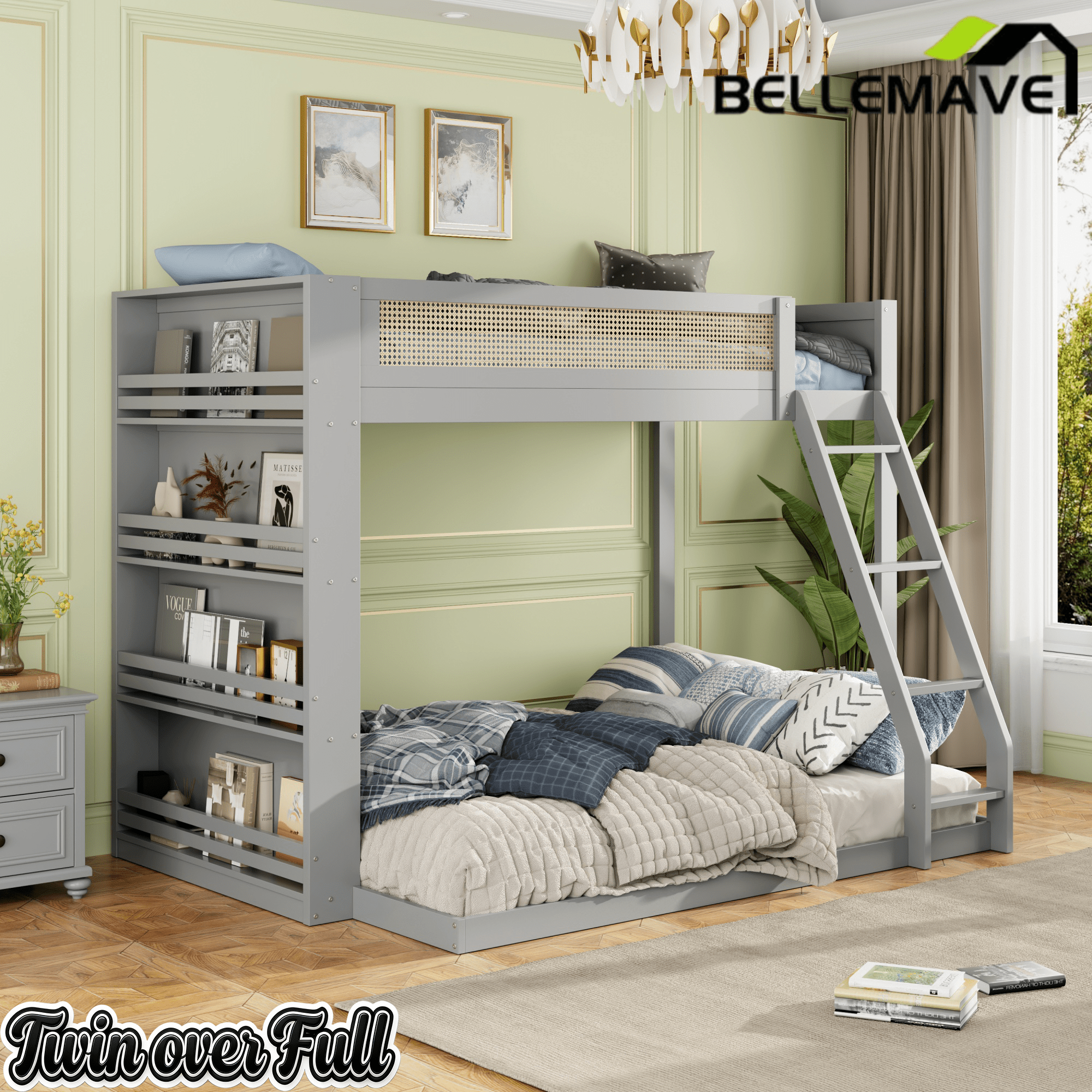 Bellemave® Twin Over Full Bunk Bed with 4 - Tier Storage Shelves & LED, Wood Bunk Bed with Rattan Guardrail & Ladder for Kids, Teens & Adults - Bellemave