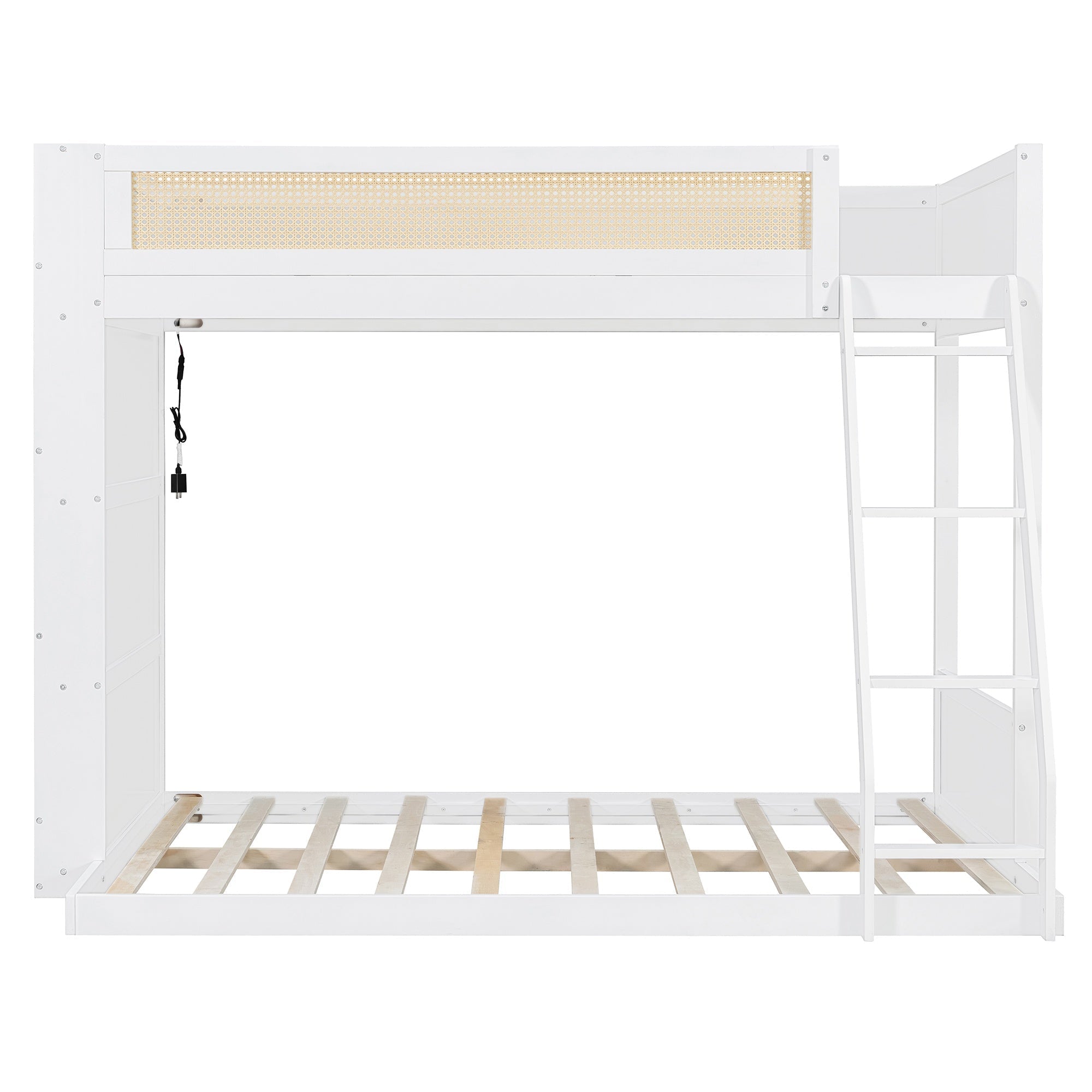 Bellemave® Twin Over Full Bunk Bed with 4 - Tier Storage Shelves & LED, Wood Bunk Bed with Rattan Guardrail & Ladder for Kids, Teens & Adults - Bellemave