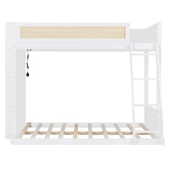 Bellemave® Twin Over Full Bunk Bed with 4 - Tier Storage Shelves & LED, Wood Bunk Bed with Rattan Guardrail & Ladder for Kids, Teens & Adults - Bellemave