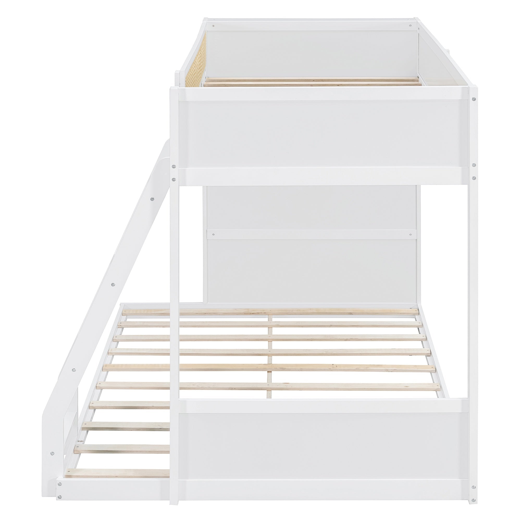 Bellemave® Twin Over Full Bunk Bed with 4 - Tier Storage Shelves & LED, Wood Bunk Bed with Rattan Guardrail & Ladder for Kids, Teens & Adults - Bellemave