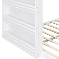 Bellemave® Twin Over Full Bunk Bed with 4 - Tier Storage Shelves & LED, Wood Bunk Bed with Rattan Guardrail & Ladder for Kids, Teens & Adults - Bellemave