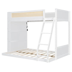 Bellemave® Twin Over Full Bunk Bed with 4 - Tier Storage Shelves & LED, Wood Bunk Bed with Rattan Guardrail & Ladder for Kids, Teens & Adults - Bellemave