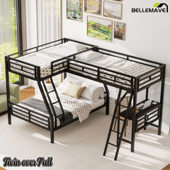 Bellemave® Twin Over Full Bunk Bed with a Twin Size Loft Bed Attached, with a Desk, Triple Sleeper Metal Bunk Bed, Black - Bellemave