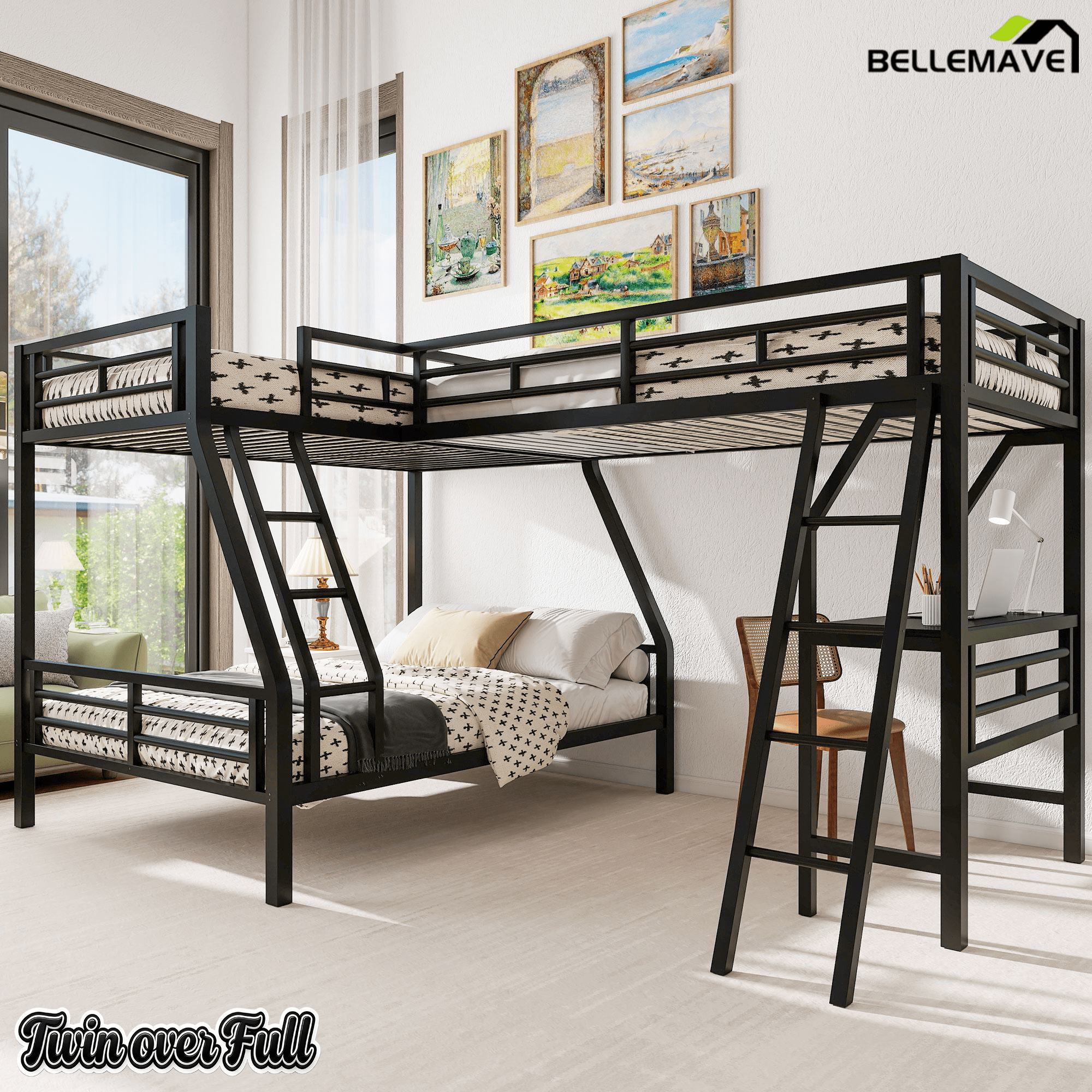 Bellemave® Twin Over Full Bunk Bed with a Twin Size Loft Bed Attached, with a Desk, Triple Sleeper Metal Bunk Bed, Black - Bellemave