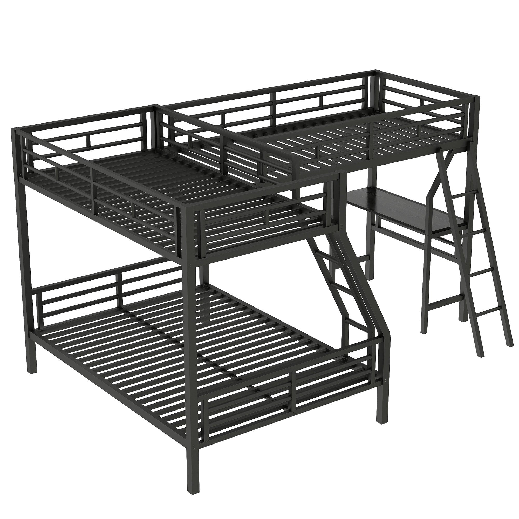 Bellemave® Twin Over Full Bunk Bed with a Twin Size Loft Bed Attached, with a Desk, Triple Sleeper Metal Bunk Bed, Black - Bellemave