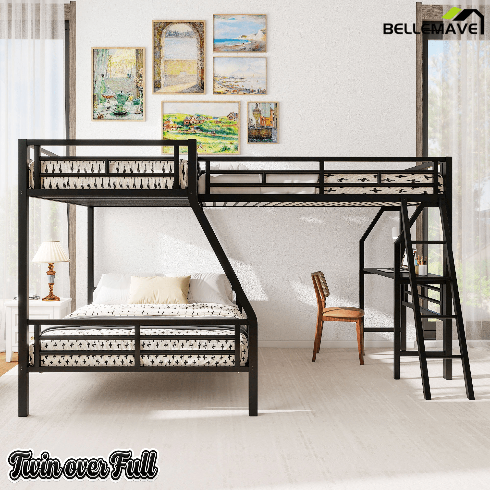 Bellemave® Twin Over Full Bunk Bed with a Twin Size Loft Bed Attached, with a Desk, Triple Sleeper Metal Bunk Bed, Black - Bellemave