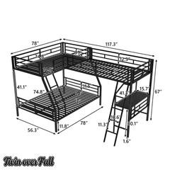 Bellemave® Twin Over Full Bunk Bed with a Twin Size Loft Bed Attached, with a Desk, Triple Sleeper Metal Bunk Bed, Black - Bellemave