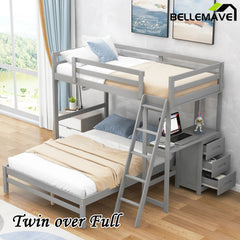 Bellemave® Twin over Full Bunk Bed with Built - in Desk and Three Drawers - Bellemave