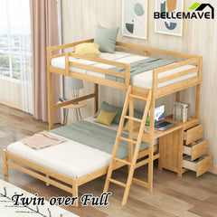Bellemave® Twin over Full Bunk Bed with Built - in Desk and Three Drawers - Bellemave