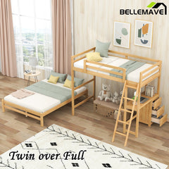 Bellemave® Twin over Full Bunk Bed with Built - in Desk and Three Drawers - Bellemave