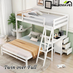 Bellemave® Twin over Full Bunk Bed with Built - in Desk and Three Drawers - Bellemave