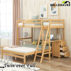 Bellemave® Twin over Full Bunk Bed with Built - in Desk and Three Drawers - Bellemave