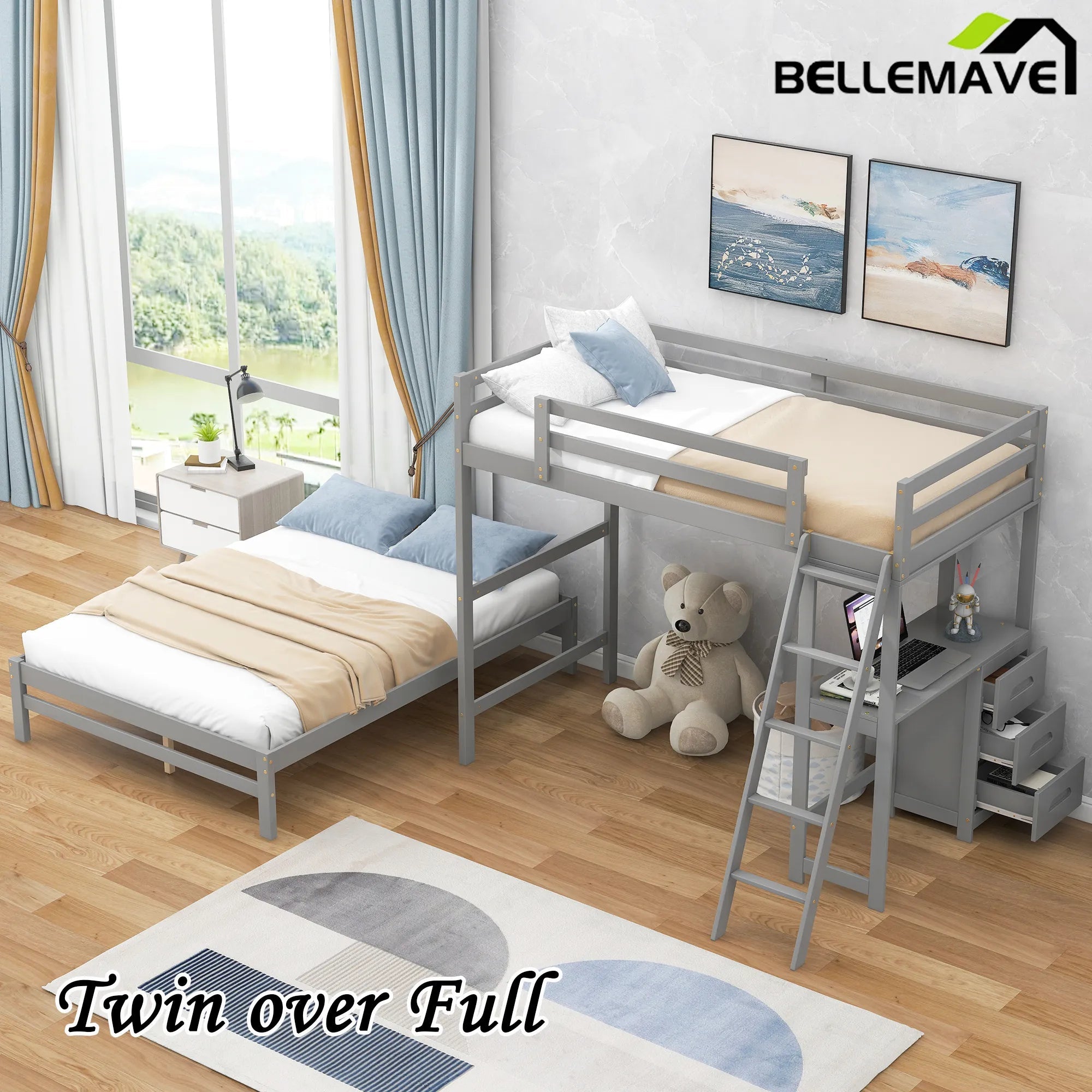 Bellemave® Twin over Full Bunk Bed with Built - in Desk and Three Drawers - Bellemave