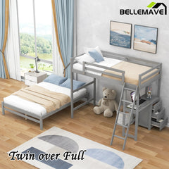 Bellemave® Twin over Full Bunk Bed with Built - in Desk and Three Drawers - Bellemave