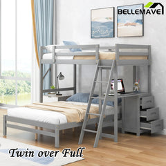 Bellemave® Twin over Full Bunk Bed with Built - in Desk and Three Drawers - Bellemave
