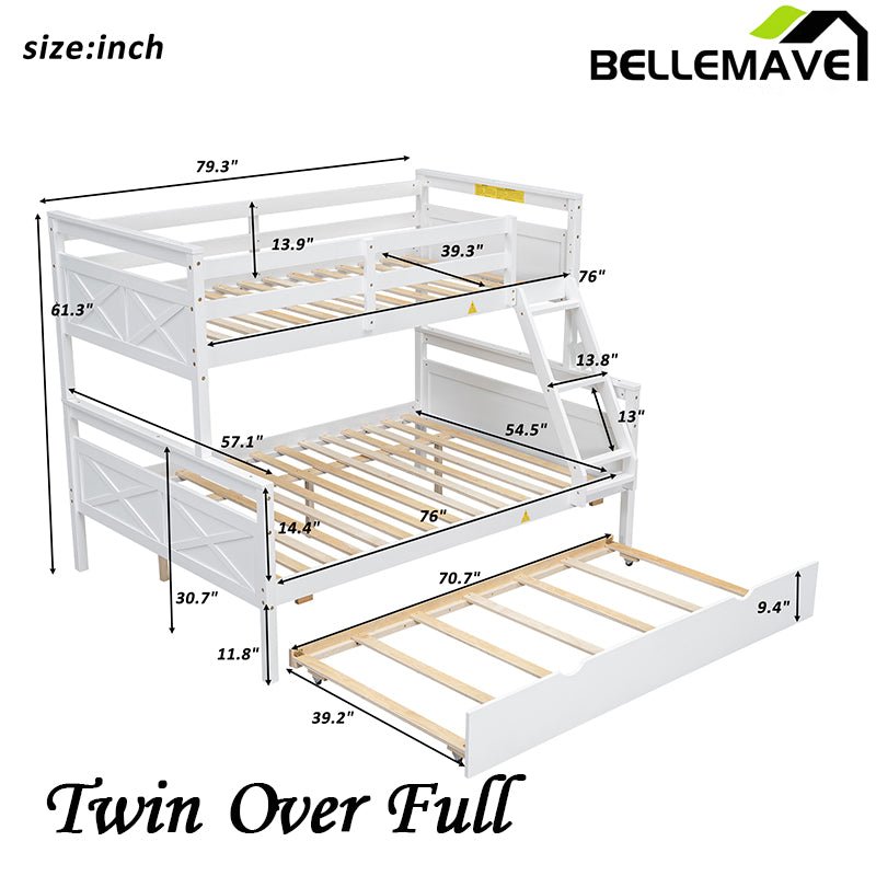 Bellemave® Twin over Full Bunk Bed with Ladder, Safety Guardrail and Twin Size Trundle - Bellemave