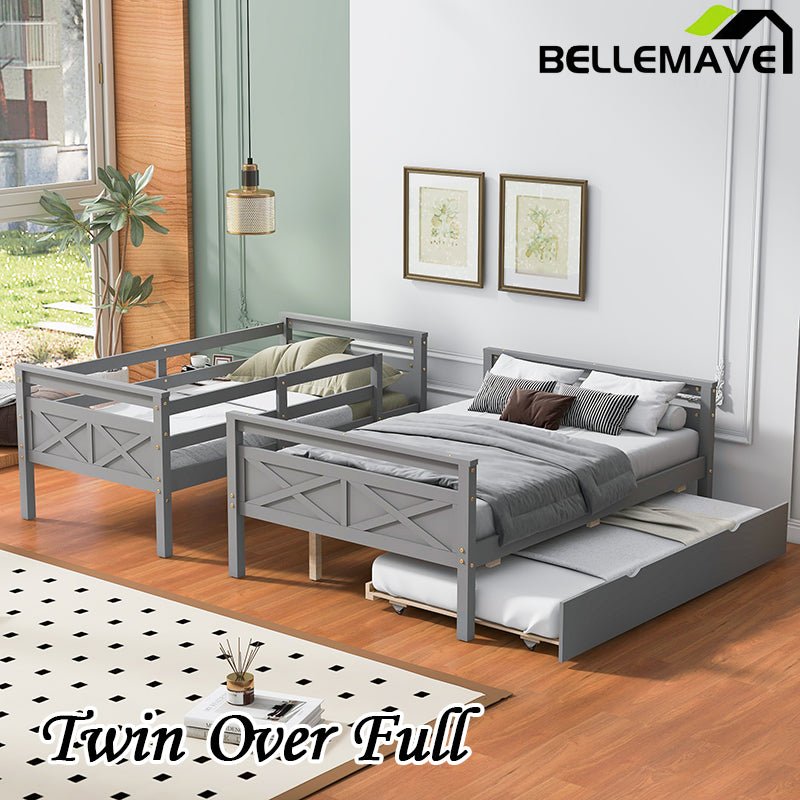 Bellemave® Twin over Full Bunk Bed with Ladder, Safety Guardrail and Twin Size Trundle - Bellemave
