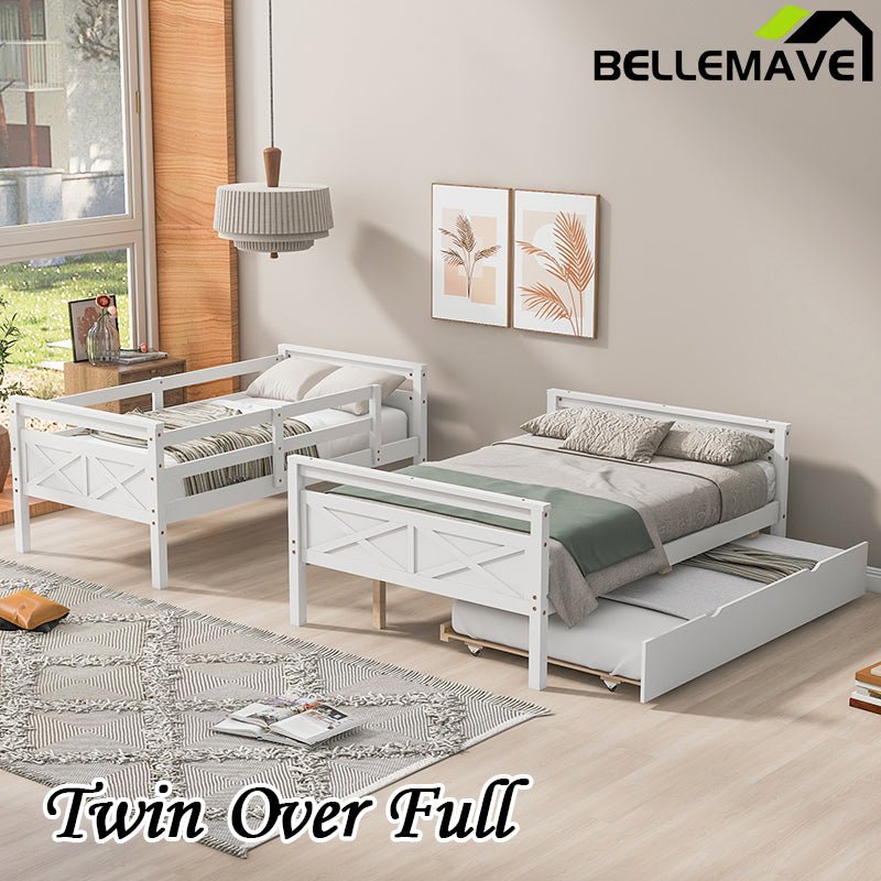 Bellemave® Twin over Full Bunk Bed with Ladder, Safety Guardrail and Twin Size Trundle - Bellemave