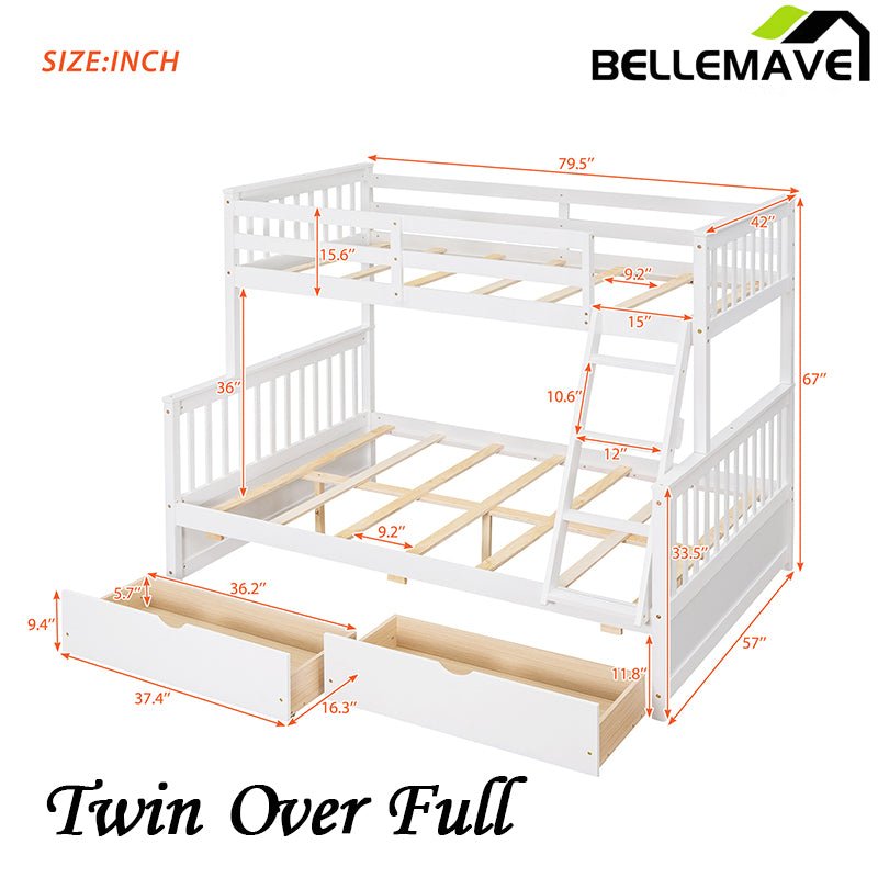 Bellemave® Twin over Full Bunk Bed with Ladders and Two Storage Drawers - Bellemave