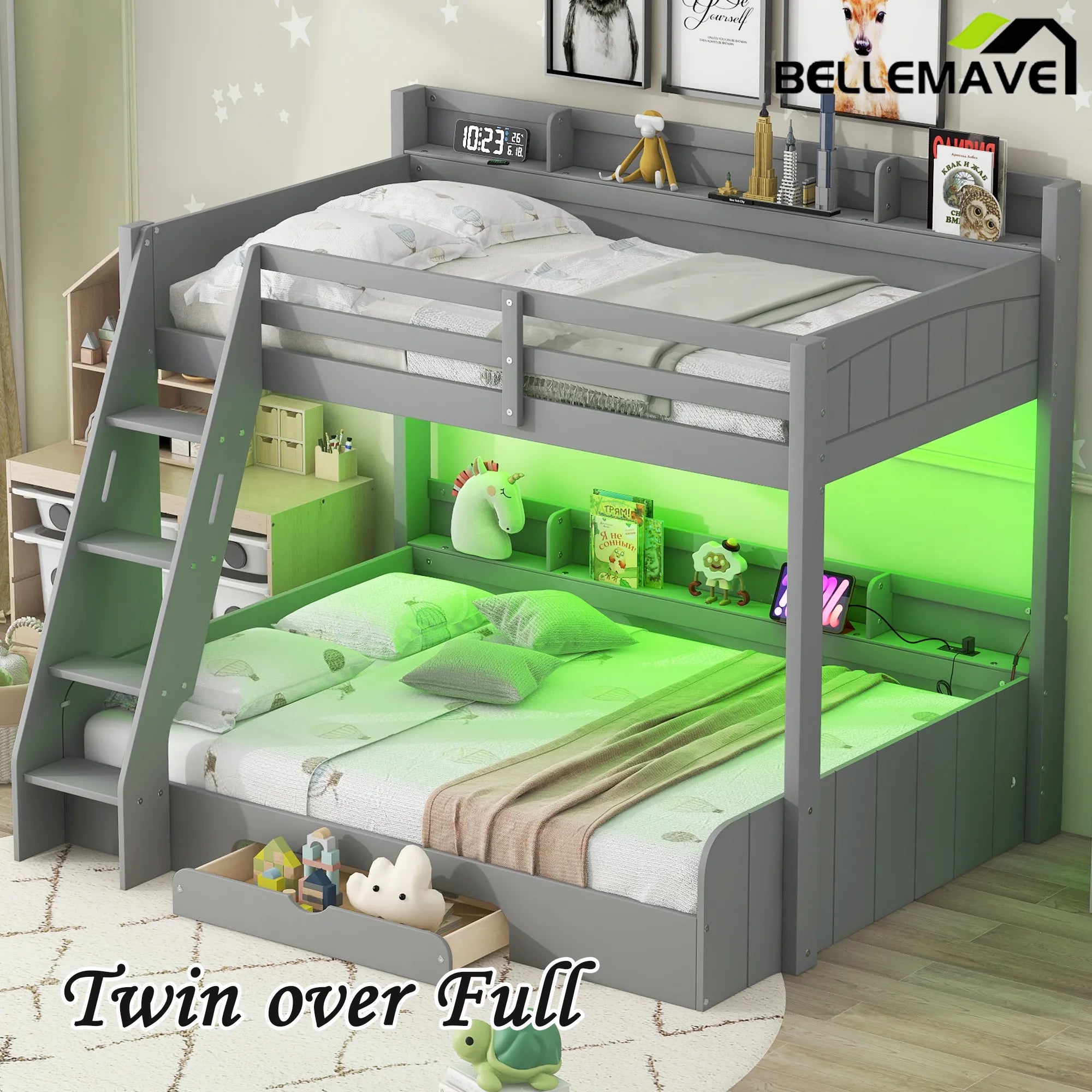 Bellemave® Twin over Full Bunk Bed with Storage Shelves, LED, Charging Station and a Drawer - Bellemave