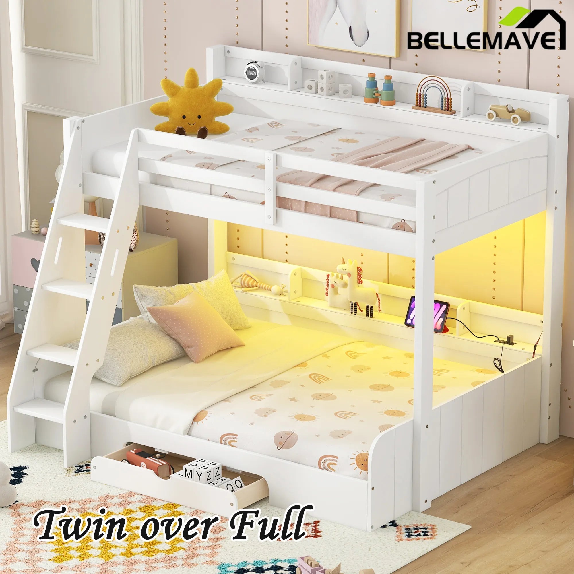 Bellemave® Twin over Full Bunk Bed with Storage Shelves, LED, Charging Station and a Drawer - Bellemave