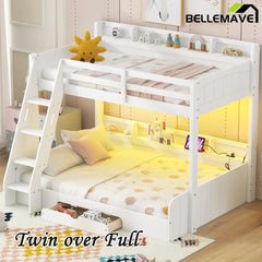 Bellemave® Twin over Full Bunk Bed with Storage Shelves, LED, Charging Station and a Drawer - Bellemave