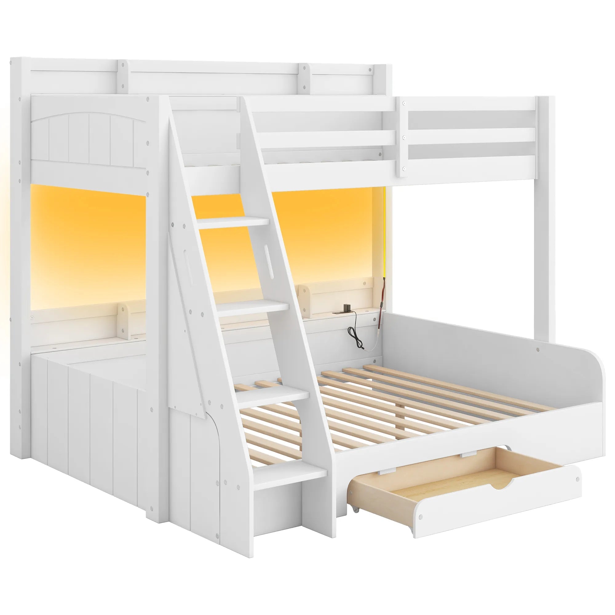 Bellemave® Twin over Full Bunk Bed with Storage Shelves, LED, Charging Station and a Drawer - Bellemave