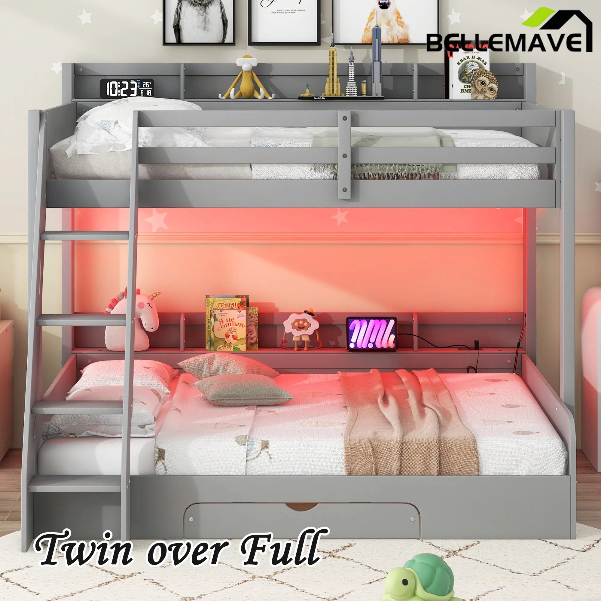 Bellemave® Twin over Full Bunk Bed with Storage Shelves, LED, Charging Station and a Drawer - Bellemave