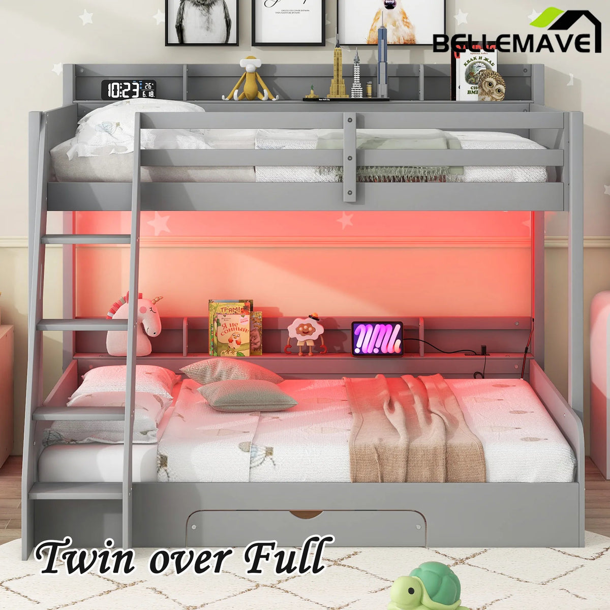 Bellemave® Twin over Full Bunk Bed with Storage Shelves, LED, Charging Station and a Drawer - Bellemave