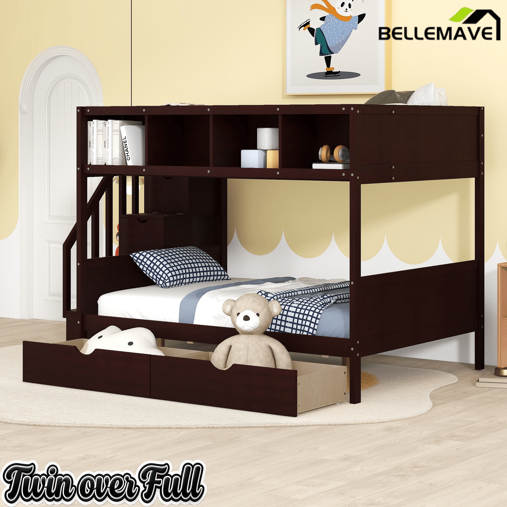 Bellemave® Twin Over Full Bunk Bed with Storage Shelves & Stairs, Solid Wood Staiway Bunk Bed Frame with 2 Drawers - Bellemave