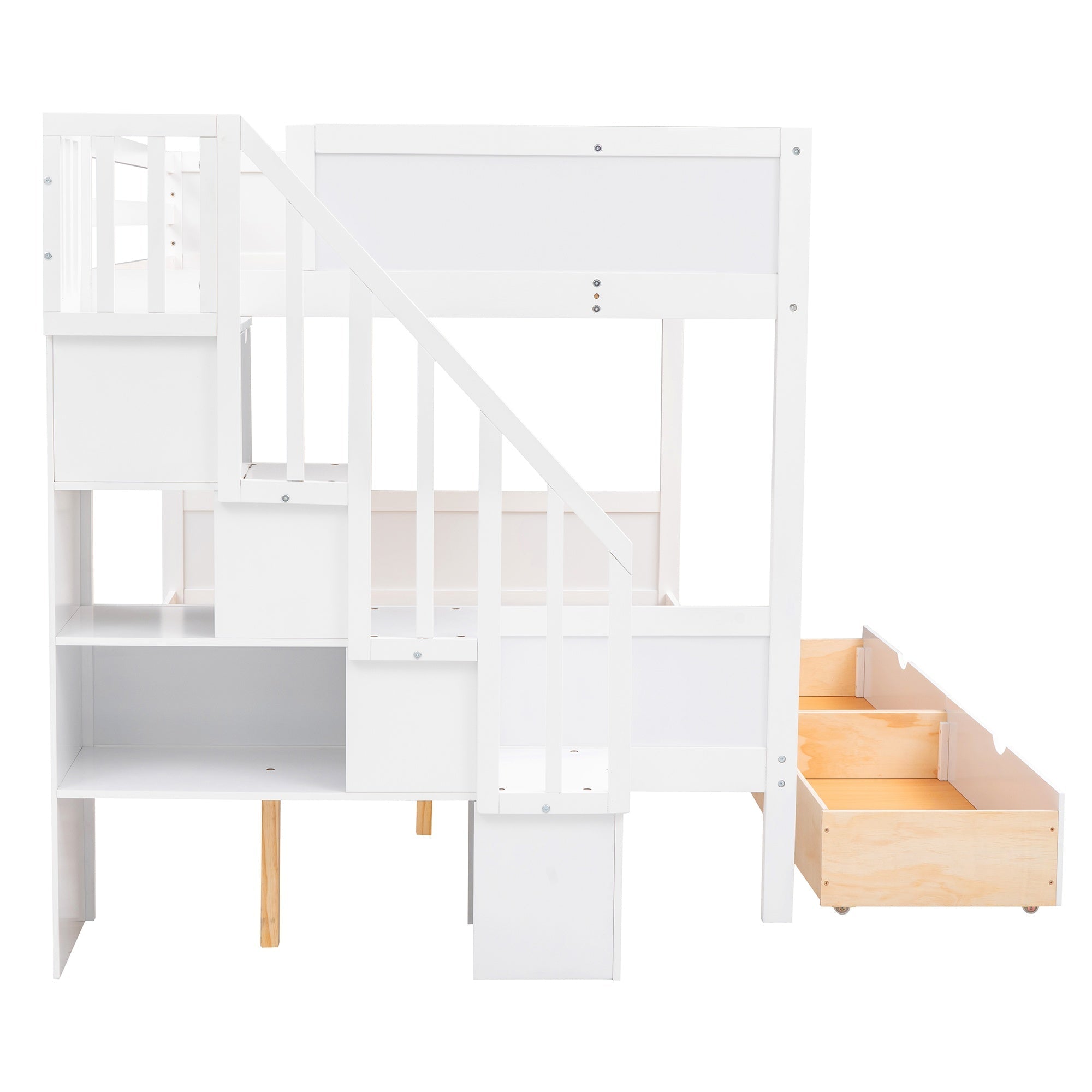 Bellemave® Twin Over Full Bunk Bed with Storage Shelves & Stairs, Solid Wood Staiway Bunk Bed Frame with 2 Drawers - Bellemave