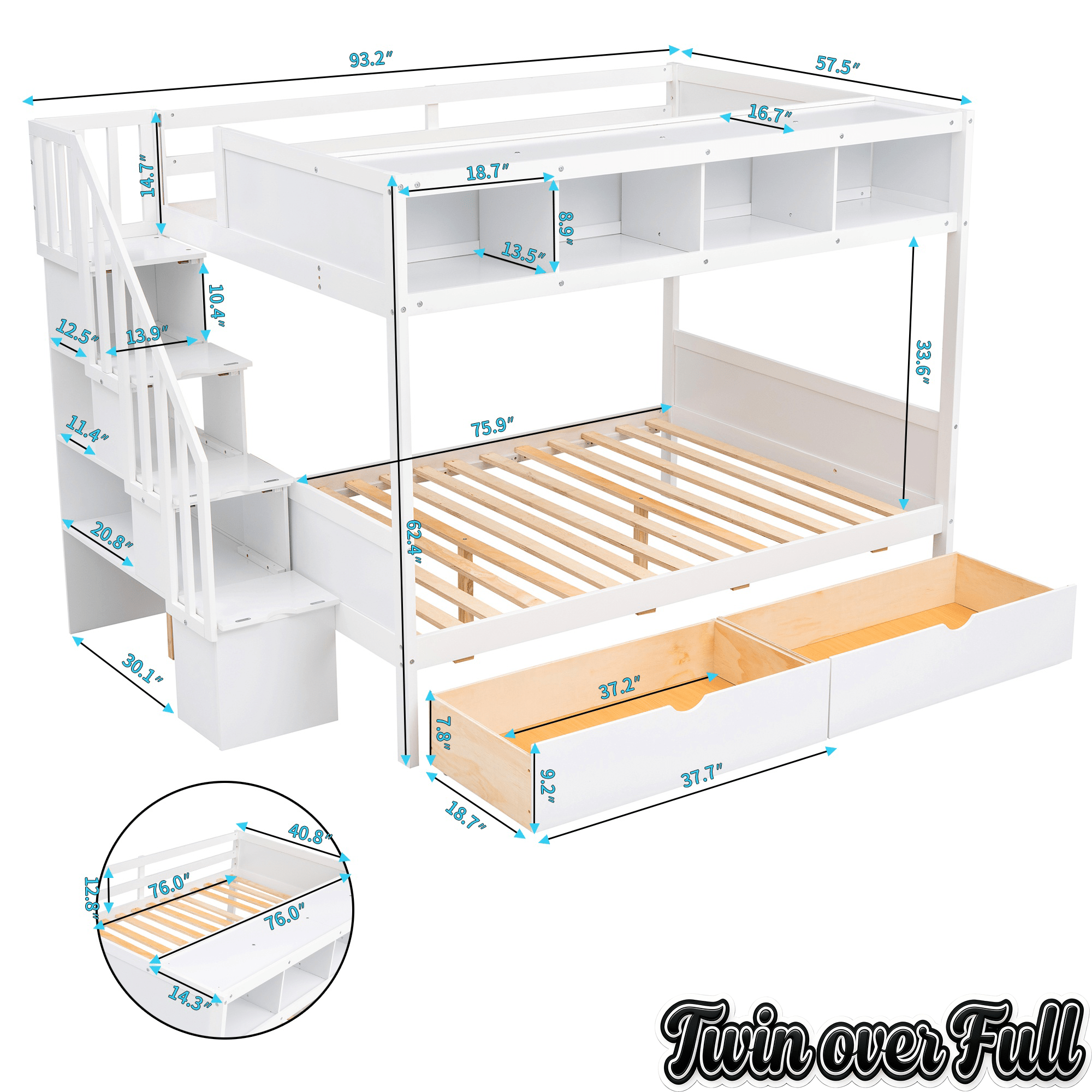 Bellemave® Twin Over Full Bunk Bed with Storage Shelves & Stairs, Solid Wood Staiway Bunk Bed Frame with 2 Drawers - Bellemave