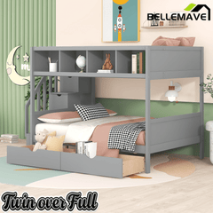 Bellemave® Twin Over Full Bunk Bed with Storage Shelves & Stairs, Solid Wood Staiway Bunk Bed Frame with 2 Drawers - Bellemave