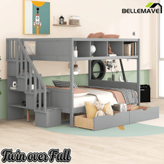 Bellemave® Twin Over Full Bunk Bed with Storage Shelves & Stairs, Solid Wood Staiway Bunk Bed Frame with 2 Drawers - Bellemave